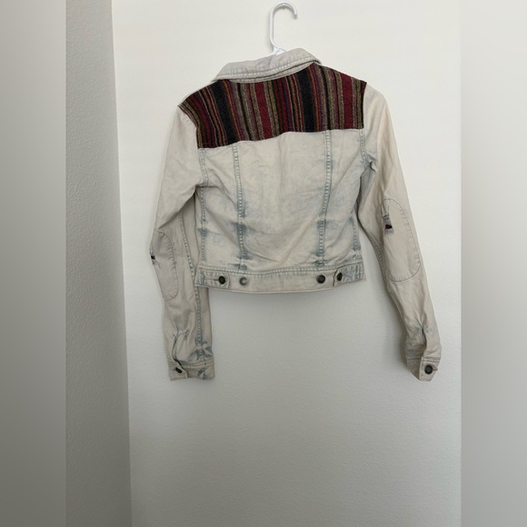 Free People Mix Baja Denim Moto Jean Jacket cropped 100% Cotton Festival size 0 - Picture 2 of 5